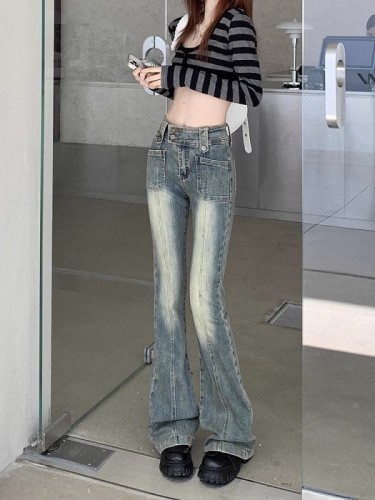 American retro micro-flare jeans for women summer high-waist slim straight pants European and American high street hot girl pants