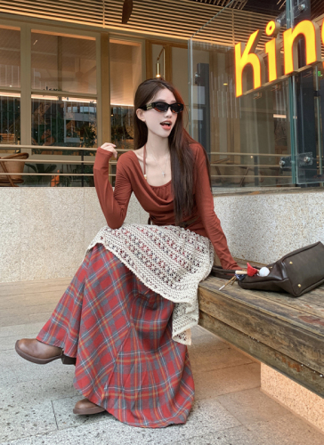 Autumn and winter layered vintage skirts, fake two-piece retro plaid umbrella skirt + fake two-piece bottoming shirt