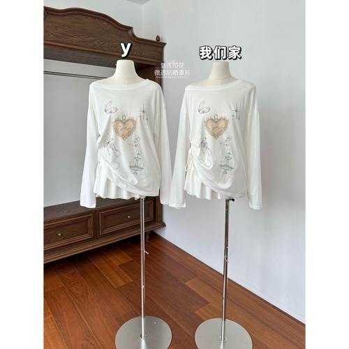 Official picture of colorful cotton pull-up retro print loose slightly see-through sunscreen blouse long-sleeved top T-shirt for women