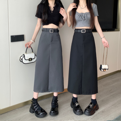 College-style suit skirt, high-waisted long skirt, slimming A-line skirt, designed slit skirt