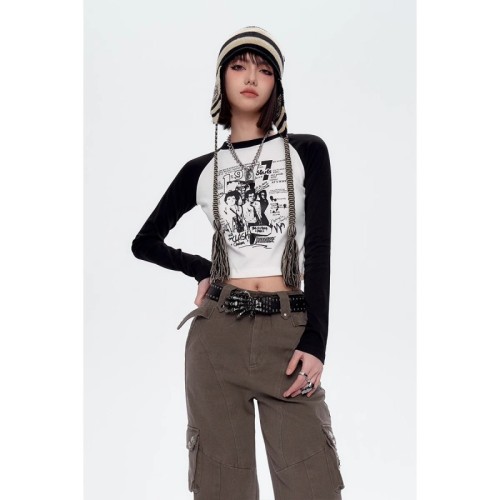 Official picture of colorful cotton pull-up long-sleeved T-shirt tight short black and white color block punk print for women spring and autumn