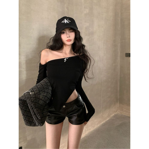 40 count cotton fashion super popular Korean style new irregular slant collar off-shoulder T-shirt long-sleeved slim bottoming top