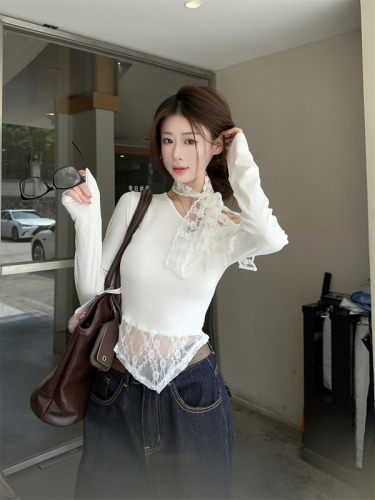 Actual shot~ Design niche lace-up lace splicing sloping shoulder slimming slim long-sleeved T-shirt