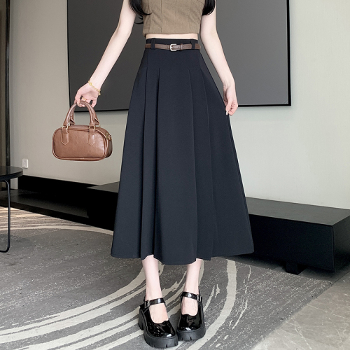 Summer new high-waisted A-line pleated skirt, college-style skirt, niche slimming long suit skirt