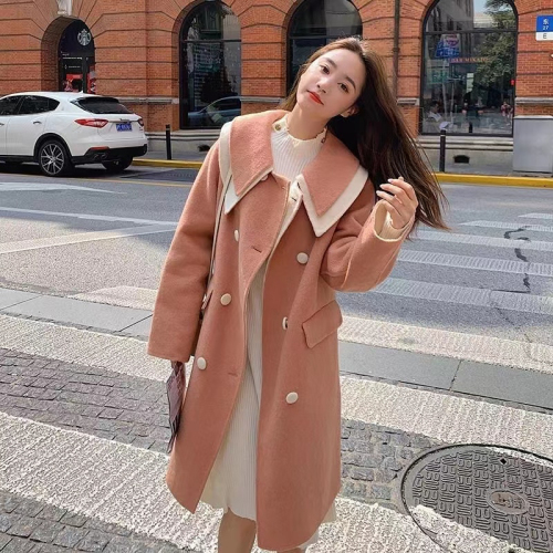 Pink sweet and gentle style woolen coat for women autumn and winter 2024 new style doll collar high-end small woolen coat