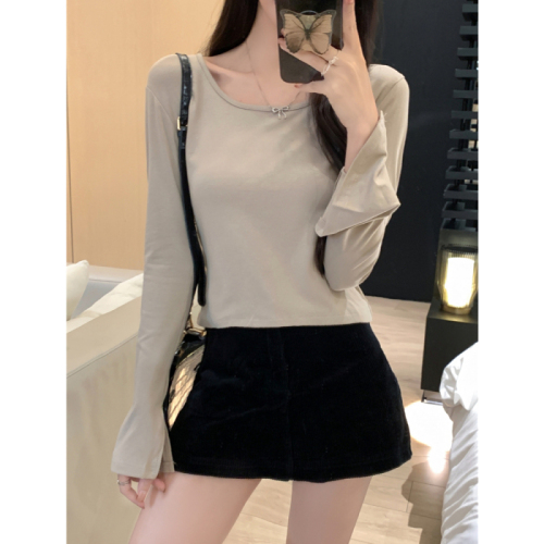 Actual shot of 2024 autumn and winter long-sleeved T-shirts for women with slit square neck bottoming shirts for women