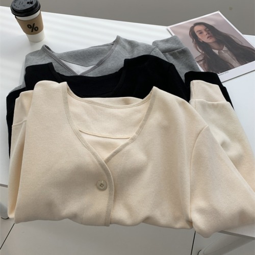 New autumn and winter V-neck small long-sleeved sweatshirt jacket for women loose casual solid color versatile short cardigan top