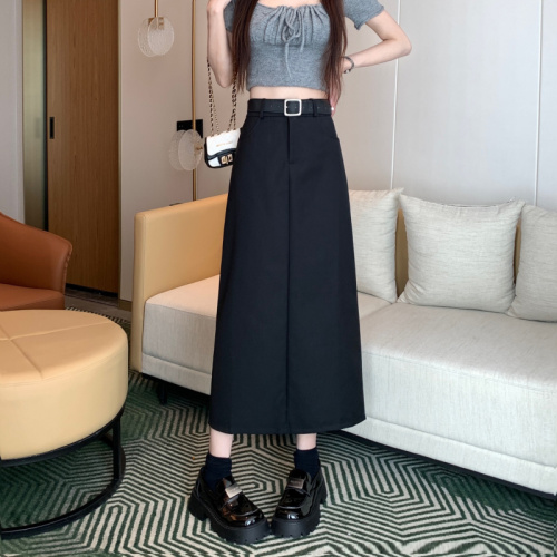 College-style suit skirt, high-waisted long skirt, slimming A-line skirt, designed slit skirt