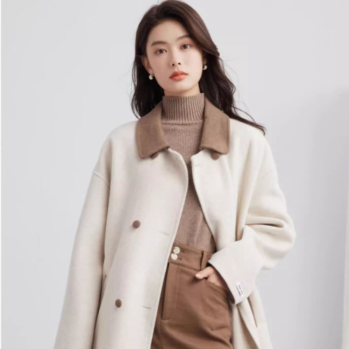 Korean niche design contrasting color temperament goddess style coat for women autumn and winter new contrasting color Hepburn style woolen coat