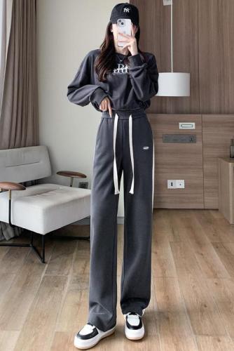 Wide-leg pants for women, autumn and winter high-waisted straight pants, velvet thickened sweatpants, floor-length casual pants for women