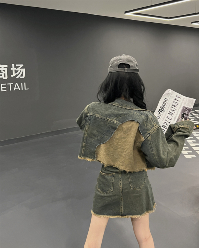 Real shot!  Street denim suit for women, retro raw edge denim jacket, high waist skirt, two-piece trendy set