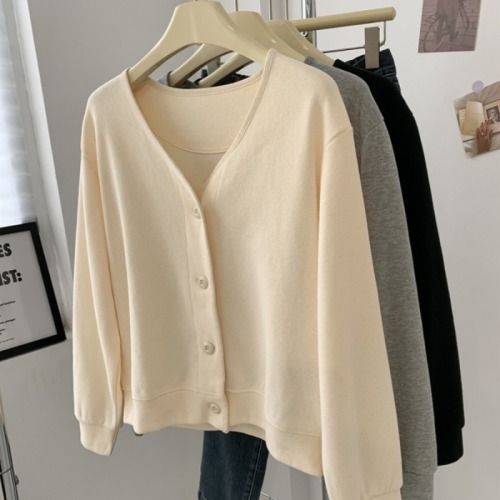 New autumn and winter V-neck small long-sleeved sweatshirt jacket for women loose casual solid color versatile short cardigan top