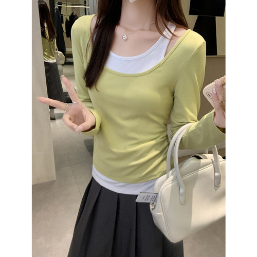 Real shot of autumn new contrasting color splicing fake two-piece long-sleeved T-shirt for women Korean slim fit short top