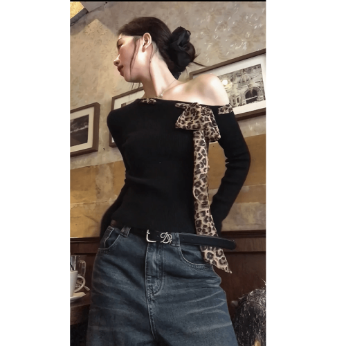 Bistro autumn retro slim slanted shoulder leopard print webbing design sweater early autumn
