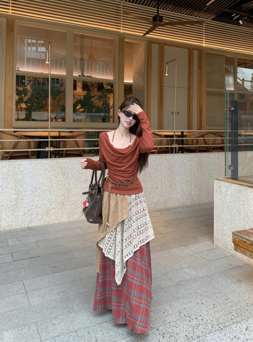 Autumn and winter layered vintage skirts, fake two-piece retro plaid umbrella skirt + fake two-piece bottoming shirt