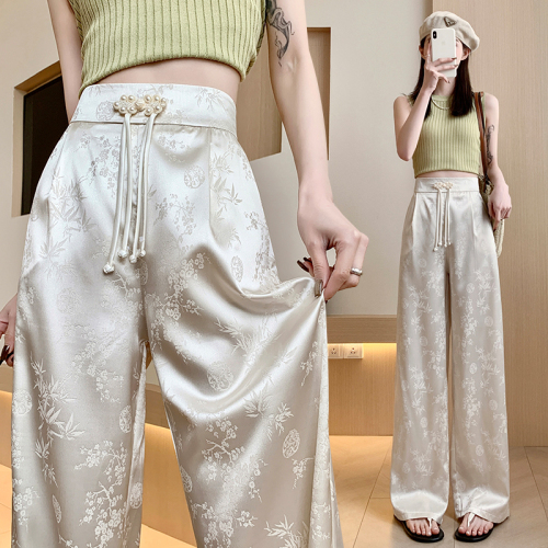 New Chinese style national style satin jacquard wide leg pants for women 2024 new high waist slim casual floor mopping pants