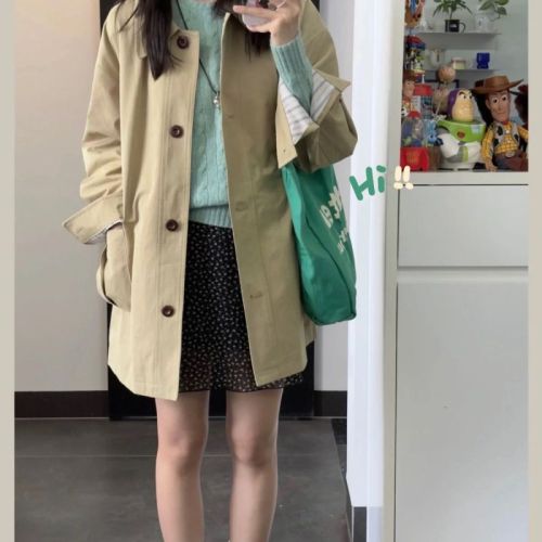 Khaki super good-looking windbreaker coat for women medium-long 2024 autumn new French loose casual temperament coat