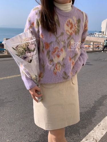 Official Women's Loose Knit Sweater with Dye-Sprayed Floral Print, Round Neck, Hand-Worked Blue Knit Cardigan, Autumn