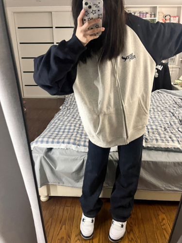 原版质量-双层帽美式复古休闲卫衣外套女宽松情侣装棒球服夹克