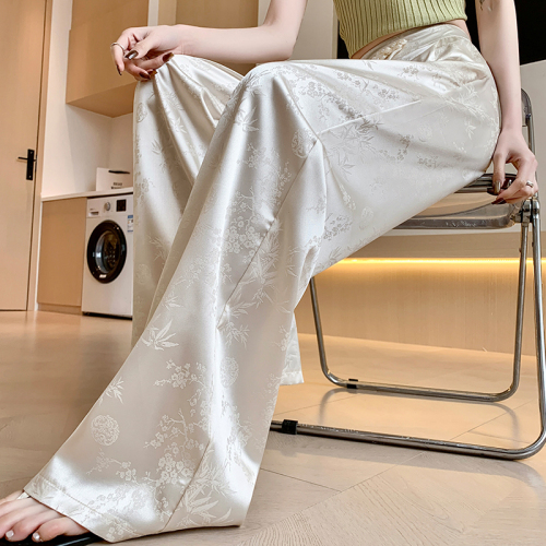 New Chinese style national style satin jacquard wide leg pants for women 2024 new high waist slim casual floor mopping pants