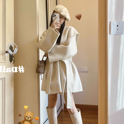 French off-white hooded single-sided woolen cape coat for women in autumn and winter, high-end loose short lace-up woolen coat