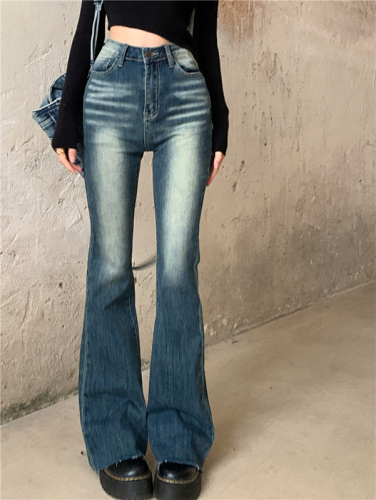 Real shot!  Retro Distressed Hot Girl Jeans Women's Autumn Slim Fit High Waist Bootleg Pants