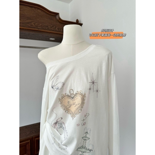 Official picture of colorful cotton pull-up retro print loose slightly see-through sunscreen blouse long-sleeved top T-shirt for women