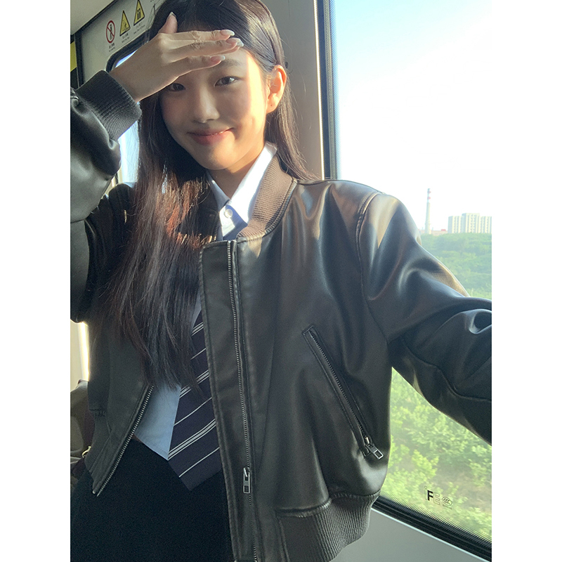 Brown leather women's jacket new hot style autumn design motorcycle short American leather jacket