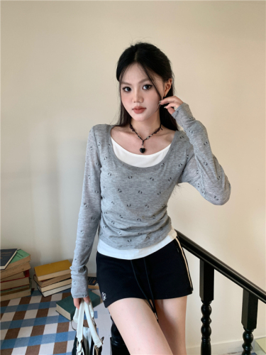 Real shot gray fake two-piece bow printed long-sleeved T-shirt women's waist slimming top