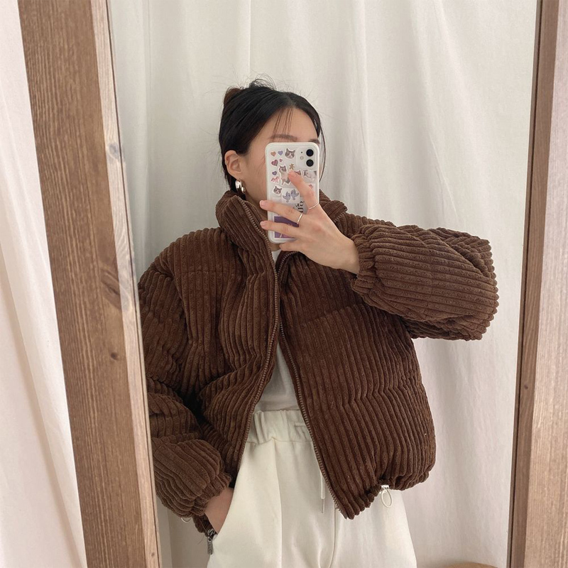 Korean chic autumn and winter age-reducing pink and tender skin white stand-up collar pit design loose corduroy cotton short jacket for women