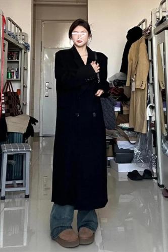 Hepburn style black woolen coat for women autumn and winter new style mid-length double-breasted woolen coat high-end