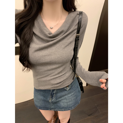 Real shot of swing collar tops for women, one-shoulder long-sleeved T-shirts, slim-fitting lazy bottoming shirts