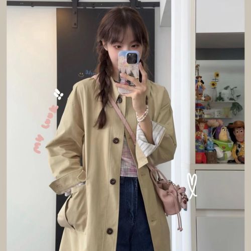 Khaki super good-looking windbreaker coat for women medium-long 2024 autumn new French loose casual temperament coat