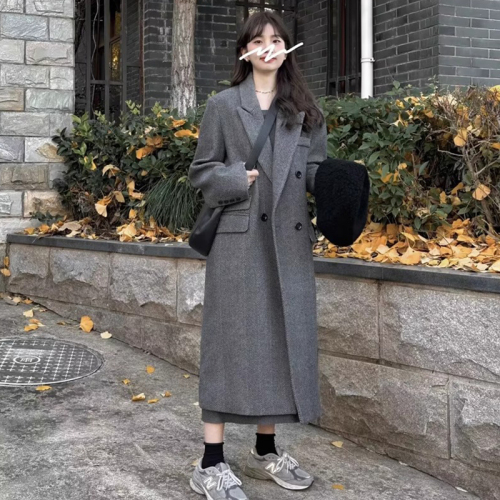 Gray suit woolen coat for women autumn and winter high-end new Korean style small temperament woolen coat