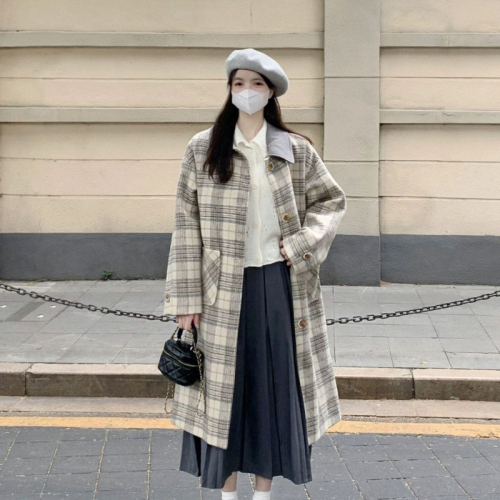 Autumn and winter new light luxury Korean style coat Zhang Ji's same style windbreaker spliced ​​retro woolen long woolen coat plaid