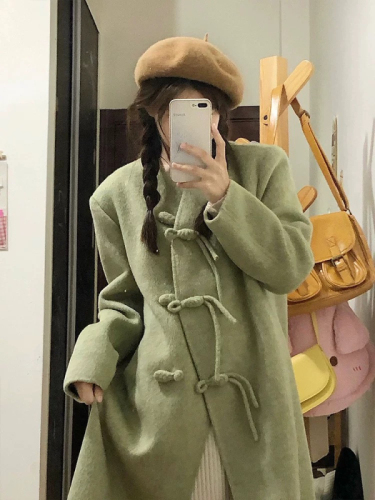 Women's woolen coat winter new Chinese style retro national style mid-length buckle woolen coat small person loose and thickened