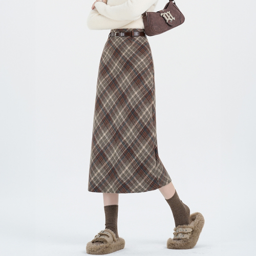 Plaid mid-length skirt with hip-covering woolen plaid autumn and winter thick high-waisted woolen skirt for women