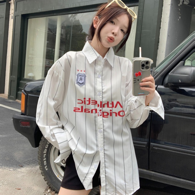 Sports contrast striped long-sleeved shirt for women 2024 early autumn trendy loose casual couple lapel stacked shirt
