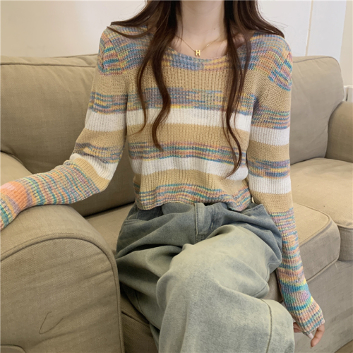 Actual shot of Korean style low-neck sweater with rainbow striped knitted sweater, short long-sleeved top