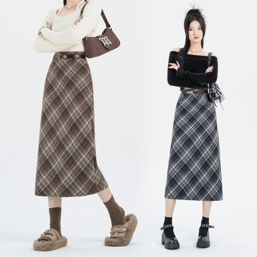 Plaid mid-length skirt with hip-covering woolen plaid autumn and winter thick high-waisted woolen skirt for women