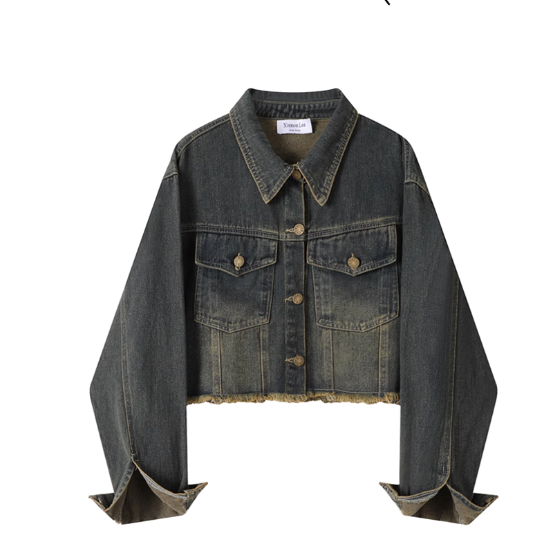 XinmonLee Hong Kong style retro lapel women's denim short jacket casual niche design versatile top