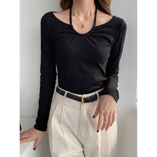 High elastic ribbed German velvet fashionable super popular halterneck long-sleeved T-shirt feminine slim v-neck bottoming shirt top