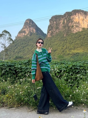 Vintage striped lapel long-sleeved sweater women's ins autumn/winter 2024 new design loose-fitting versatile knitted top