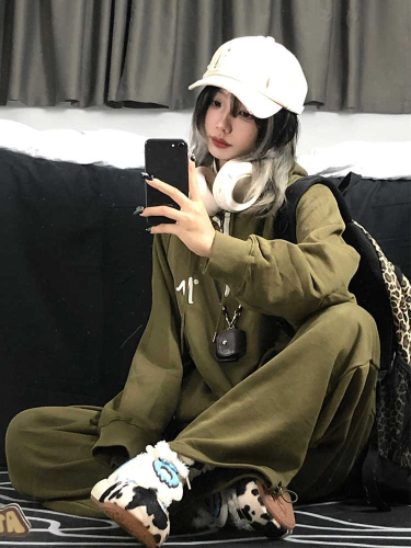 Japanese boyish casual sportswear suit for female spring and autumn students loose fashion hooded sweatshirt running two-piece set