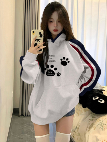 Non-pilling imitation cotton Chinese cotton composite milk silk 310g silver fox velvet 400g printed contrasting color hooded sweatshirt for women