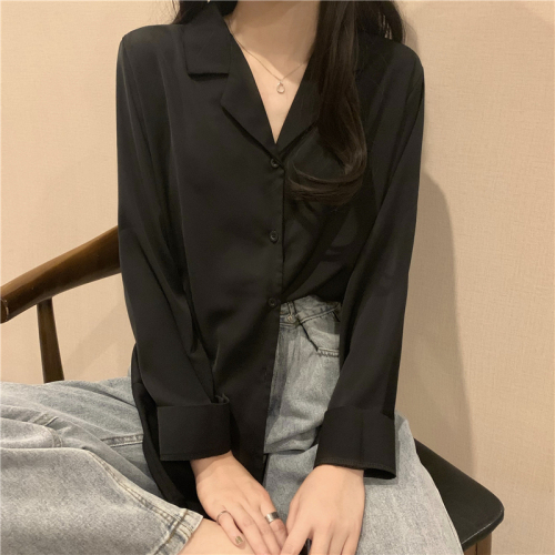 Actual shot~Autumn new Korean style V-neck lazy, gentle and loose mid-length long-sleeved shirt with versatile outer wear