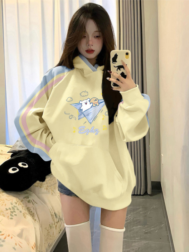 Non-pilling imitation cotton Chinese cotton composite milk silk 310g silver fox velvet 400g printed contrasting color hooded sweatshirt for women