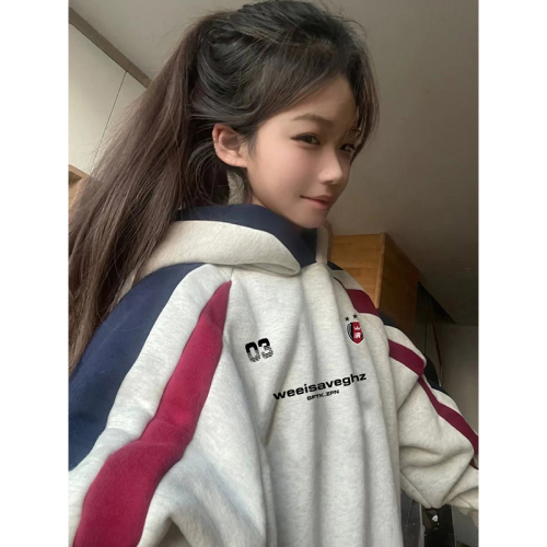 Non-pilling imitation cotton Chinese cotton composite milk silk 310g silver fox velvet 400g printed contrasting color hooded sweatshirt for women