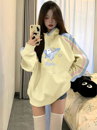 Non-pilling imitation cotton Chinese cotton composite milk silk 310g silver fox velvet 400g printed contrasting color hooded sweatshirt for women