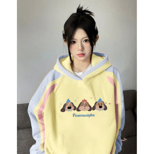 Non-pilling imitation cotton Chinese cotton composite milk silk 310g silver fox velvet 400g printed contrasting color hooded sweatshirt for women